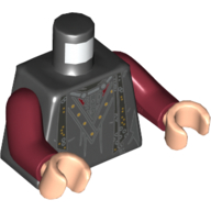 Visuel indicatif Rebrickable de Torse, robe avec col en V, Collier, et motif imprimé foulard, bras rouge foncé, mains nougat clair (Torso, Robe with V Necked Collar, Necklace, and Scarf Print, Dark Red Arms, Light Nougat Hands)