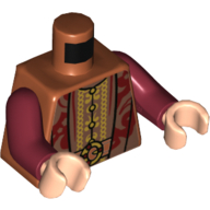 Visuel indicatif Rebrickable de Torse, robe, motif rouge foncé et beige foncé, ouvert sur un maillot de corps avec un design or complexe, et motif imprimé ceinture or, bras rouge foncé, mains nougat clair (Torso, Robes, Dark Red and Dark Tan Pattern, Open over Undershirt with Intricate Gold Design, and Gold Belt Print, Dark Red Arms, Light Nougat Hands)