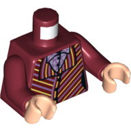 Visuel indicatif Rebrickable de Torse, veste avec rayures jaunes et lavande, Chemise à pois moyen, bras rouge foncé, mains nougat clair (Torso, Jacket with Yellow/Lavender Stripes, Medium Lavender Dotted Shirt Print, Dark Red Arms, Light Nougat Hands)