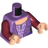 Visuel indicatif Rebrickable de Torse, robe de lavande moyenne, motif imprimé de décorations de lavande, bras rouge foncé, mains nougat clair (Torso, Medium Lavender Dress, Lavender Decorations Print, Dark Red Arms, Light Nougat Hands)