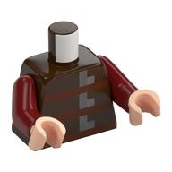 Visuel indicatif Rebrickable de Torse, bracelets brun rougeâtre pixelisé, motif imprimé boucles argentées, bras rouge foncé, mains nougat clair (Torso, Pixelated Reddish Brown Straps, Silver Buckles Print, Dark Red Arms, Light Nougat Hands)