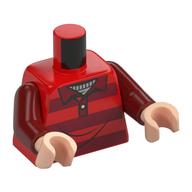Visuel indicatif Rebrickable de Torse, chemise rayée rouge foncé/rouge, col, motif : chemise gris bleuté clair, bras rouge foncé, mains nougat clair (Torso, Dark Red/Red Stripes Shirt, Collar, Light Bluish Grey Shirt Print, Dark Red Arms, Light Nougat Hands)