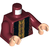 Visuel indicatif Rebrickable de Torse, robe, Fourrure Brun Foncé, Motif imprimé Chemise Or, bras rouge foncé, mains nougat clair (Torso, Robe, Dark Brown Fur, Gold Shirt Print, Dark Red Arms, Light Nougat Hands)