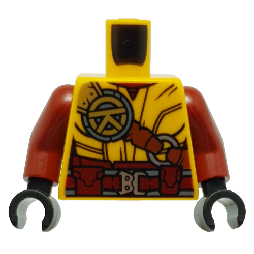 Visuel indicatif Rebrickable de Torse, robe, bracelet brun rougeâtre avec symbole asiatique jaune, motif imprimé ceinture utilitaire rouge, bras rouge foncé, mains noires (Torso, Robe, Reddish Brown Strap with Yellow Asian Symbol, Red Utility Belt Print, Dark Red Arms, Black Hands)