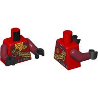 Torse, robes ninja, garniture rouge foncé, cordes de nougat, attaches argentés, ceinture, motif imprimé de ceinture orange clair vif, bras rouge foncé, mains noires (Torso, Ninja Robes, Dark Red Trim, Nougat Ropes, Silver Clips, Belt, Bright Light Orange Sash Print, Dark Red Arms, Black Hands)