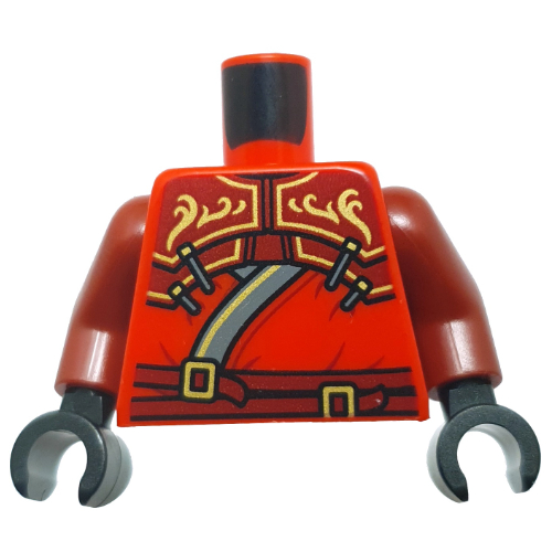 Torse, robe, bord bleu sable/or, armure rouge foncé, sangles, décorations dorées motif imprimé, bras rouge foncé, mains noires (Torso, Robe, Sand Blue/Gold Trim, Dark Red Armor, Straps, Gold Decorations Print, Dark Red Arms, Black Hands)
