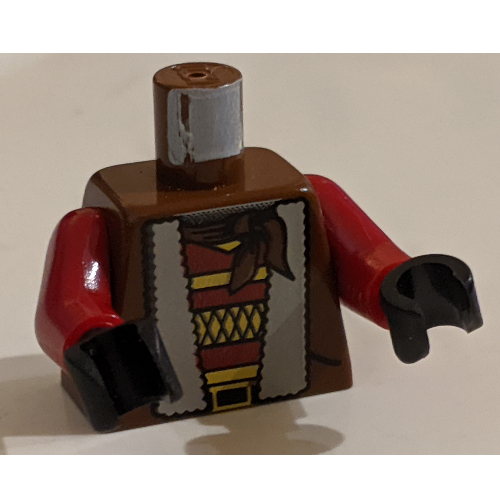 Visuel indicatif Rebrickable de Torse, Veste avec doublure en fourrure, Chemise rayée, motif : bandana, bras rouge foncé, mains noires (Torso, Jacket with Fur Lining, Striped Shirt, Bandana Print, Dark Red Arms, Black Hands)