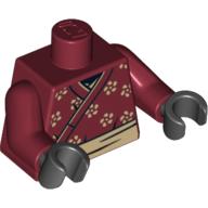 Visuel indicatif Rebrickable de Torse, robe samouraï enveloppée avec motif imprimé fleurs, bras rouge foncé, mains noires (Torso, Wrapped Samurai Robe with Flowers Print, Dark Red Arms, Black Hands)
