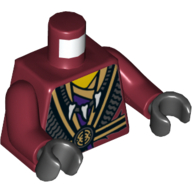 Visuel indicatif Rebrickable de Torse, robes avec ceinture noire et or et garniture, collier de dent et tête de serpent sur motif imprimé inversé, bras rouge foncé, mains noires (Torso, Robes with Black and Gold Belt and Trim, Tooth Necklace and Snake Head on Reverse Print, Dark Red Arms, Black Hands)