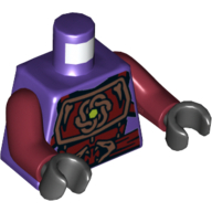Torse, armure, panneaux de cuivre et rouge foncé, têtes de serpent boucle de ceinture / Shuriken et flacons motif imprimé, bras rouge foncé, mains noires (Torso, Armor, Copper and Dark Red Panels, Snake Heads Belt Buckle / Shuriken and Vials Print, Dark Red Arms, Black Hands)