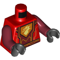 Visuel indicatif Rebrickable de Torse, armure avec détails orange et jaune, panneau centre rouge foncé, tête de dragon sur motif imprimé bouclier pentagonal, bras rouge foncé, mains noires (Torso, Armor with Orange and Yellow Details, Dark Red Center Panel, Dragon Head on Pentagonal Shield Print, Dark Red Arms, Black Hands)