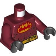 Visuel indicatif Rebrickable de Torse, corps, Logo Batman rouge flamboyant, Ceinture utilitaire jaune, Motif imprimé Muscles, bras rouge foncé, mains noires (Torso, Bodysuit, Red Flaming Batman Logo, Yellow Utility Belt, Muscles Print, Dark Red Arms, Black Hands)
