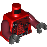 Visuel indicatif Rebrickable de Torse, corps, Écharpe rouge foncé, Ceinture, Bretelles avec motif imprimé pochettes (Kai), bras rouge foncé, mains noires (Torso, Bodysuit, Dark Red Scarf, Belt, Shoulder Straps with Pouches Print (Kai), Dark Red Arms, Black Hands)