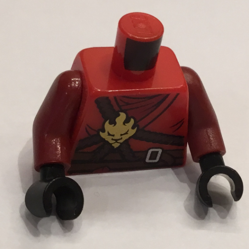 Visuel indicatif Rebrickable de Torse, robe, emblème d'or, bracelets brun rougeâtre motif imprimé, bras rouge foncé, mains noires (Torso, Robe, Gold Emblem, Reddish Brown Straps Print, Dark Red Arms, Black Hands)