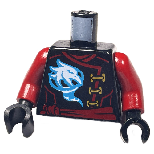 Visuel indicatif Rebrickable de Torse, robe avec fermoirs en or, oiseau, ceinture et emblème rouge foncé et ailes sur le dos motif imprimé, bras rouge foncé, mains noires (Torso, Robe with Gold Clasps, Bird, Dark Red Sash and Emblem and Wings on Back Print, Dark Red Arms, Black Hands)
