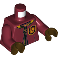 Torse, robe avec lacets, motif imprimé blason gryffondor, bras rouge foncé, mains brun foncé (Torso, Robe with Laces, Gryffindor Crest Print, Dark Red Arms, Dark Brown Hands)
