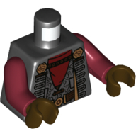 Visuel indicatif Rebrickable de Torse, veste, ouvert sur Gilet avec filigrane noir, ceinture brun rougeâtre, motif imprimé sous-chemise rouge foncé, bras rouge foncé, mains brun foncé (Torso, Jacket, Open over Vest with Black Filigree, Reddish Brown Belt, Dark Red Undershirt Print, Dark Red Arms, Dark Brown Hands)
