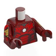 Visuel indicatif Rebrickable de Torse, Iron Man marque 3 armures, poitrine rouge, motif imprimé réacteur à arc rond, bras et mains rouge foncé (Torso, Iron Man Mark 3 Armor, Red Chest, Round Arc Reactor Print, Dark Red Arms and Hands)