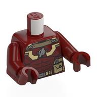 Visuel indicatif Rebrickable de Torse, armure, marquages jaune clair vif, pochettes, logo vengeurs gris bleuté clair, bracelets imprimés, bras et mains rouge foncé (Torso, Armor, Bright Light Yellow Markings, Pouches, Light Bluish Grey Avengers Logo, Straps Print, Dark Red Arms and Hands)
