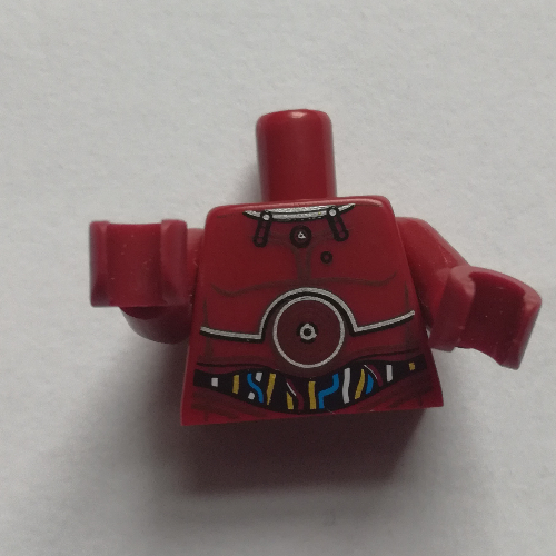 Visuel indicatif Rebrickable de Torse, panneaux métalliques et blanc, bleu et or Fil motif imprimé (TC-4), bras et mains rouge foncé (Torso, Metal Panels and White, Blue, and Gold Wires Print (TC-4), Dark Red Arms and Hands)