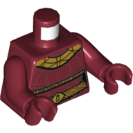 Visuel indicatif Rebrickable de Torse, combinaison avec col doré et ceinture, et motif imprimé lignes verticales, bras et mains rouge foncé (Torso, Jumpsuit with Gold Collar and Belt, and Vertical Lines Print, Dark Red Arms and Hands)