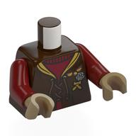 Visuel indicatif Rebrickable de Torse, cape, lacets, col jaune, broche argentée, motif : pull rouge foncé, bras rouge foncé, mains beige foncé (Torso, Cloak, Laces, Yellow Collar, Silver Broche, Dark Red Sweater Print, Dark Red Arms, Dark Tan Hands)