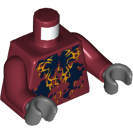 Visuel indicatif Rebrickable de Torse, noir et orange clair brillant taches (calmar) motif imprimé, bras rouge foncé, mains gris bleuté foncé (Torso, Black and Bright Light Orange Splotches (Squid) Print, Dark Red Arms, Dark Bluish Gray Hands)