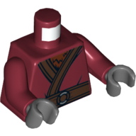 Visuel indicatif Rebrickable de Torse, Kimono avec ceinture marron et motif imprimé Fourrure marron rougeâtre, bras rouge foncé, mains gris bleuté foncé (Torso, Kimono with Brown Belt and Reddish Brown Fur Print, Dark Red Arms, Dark Bluish Gray Hands)