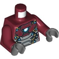 Torse, argent, or et armure bleu clair, réacteur à arc sur motif imprimé poitrine (Iron Man), bras rouge foncé, mains gris bleuté foncé (Torso, Silver, Gold, and Light Blue Armor, Arc Reactor on Chest Print (Iron Man), Dark Red Arms, Dark Bluish Gray Hands)