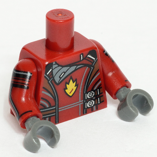 Visuel indicatif Rebrickable de Torse, veste avec col gris bleuté foncé, fermoirs côté argent et badge doré motif imprimé (roquette), motif : bras rouge foncé avec rayures, mains gris bleuté foncé (Torso, Jacket with Dark Bluish Gray Collar, Silver Side Clasps and Gold Badge Print (Rocket), Dark Red Arms with Stripes Print, Dark Bluish Gray Hands)
