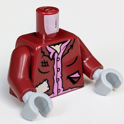 Visuel indicatif Rebrickable de Torse, veste, patchs, chemise rose foncé, imprimé, bras rouge foncé, mains gris bleuté clair (Torso, Jacket, Patches, Dark Pink Shirt, Print, Dark Red Arms, Light Bluish Gray Hands)