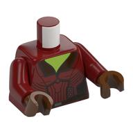 Visuel indicatif Rebrickable de Torse, veste col ouvert, motif imprimé poitrine vert citron, bras rouge foncé, mains brun rougeâtre (Torso, Jacket Open Collar, Lime Chest Print, Dark Red Arms, Reddish Brown Hands)