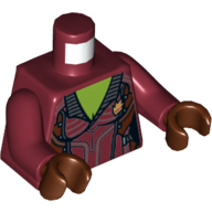 Visuel indicatif Rebrickable de Torse, veste col ouvert avec boutons argentés et badge or, motif imprimé poitrine vert citron, bras rouge foncé, mains brun rougeâtre (Torso, Jacket Open Collar with Silver Buttons and Gold Badge, Lime Chest Print, Dark Red Arms, Reddish Brown Hands)