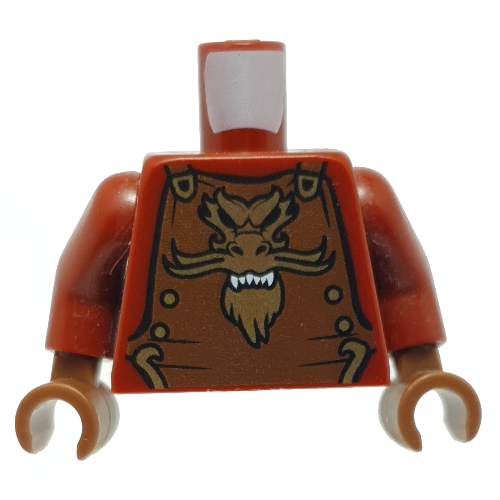 Visuel indicatif Rebrickable de Torse, armure, brun rougeâtre avec motif imprimé emblème de lion d'or, bras rouge foncé, mains brun rougeâtre (Torso, Armor, Reddish Brown with Gold Lion Emblem Print, Dark Red Arms, Reddish Brown Hands)