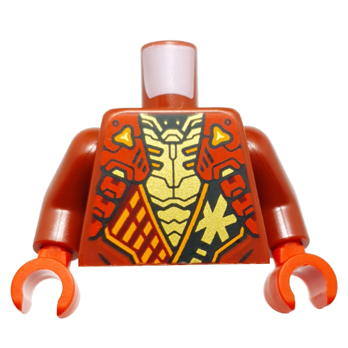 Torse, robes ninja, ceinture noire avec symbole d'or, bracelet rouge, motif imprimé poitrine or, bras rouge foncé, mains rouges (Torso, Ninja Robes, Black Sash with Gold Symbol, Red Strap, Gold Chest Print, Dark Red Arms, Red Hands)