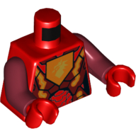 Torse, armure avec plaques rouge foncé et orange, hexagone orange avec motif imprimé tête de dragon, bras rouge foncé, mains rouges (Torso, Armor with Dark Red and Orange Plates, Orange Hexagon with Dragon Head Print, Dark Red Arms, Red Hands)