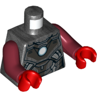 Visuel indicatif Rebrickable de Torse, armure, plaques noires, cercle blanc (réacteur d'arc) motif imprimé, bras rouge foncé, mains rouges (Torso, Armor, Black Plates, White Circle (Arc Reactor) Print, Dark Red Arms, Red Hands)