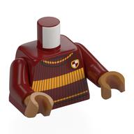 Visuel indicatif Rebrickable de Torse, pull tricoté, rayures orange clair vif, motif imprimé crête gryffondor, bras rouge foncé, mains nougat moyen (Torso, Knitted Sweater, Bright Light Orange Stripes, Gryffindor Crest Print, Dark Red Arms, Medium Nougat Hands)