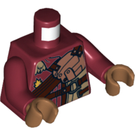 Torse, col de fourrure, panneau d'armure de cuivre avec motif imprimé de sangles marron foncé, bras rouge foncé, mains nougat moyen (Torso, Fur Collar, Copper Armor Panel with Dark Brown Straps Print, Dark Red Arms, Medium Nougat Hands)