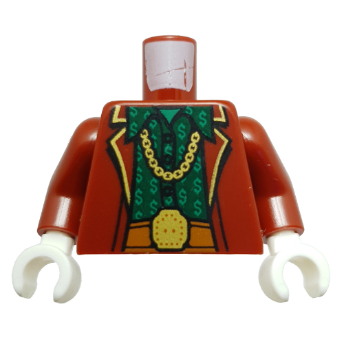Torse, veste, garniture jaune, collier chaîne, ceinture orange foncé, chemise vert foncé, vert vif Dollar Signes motif imprimé, bras rouge foncé, mains blanches (Torso, Jacket, Yellow Trim, Chain Necklace, Dark Orange Belt, Dark Green Shirt, Bright Green Dollar Signs Print, Dark Red Arms, White Hands)