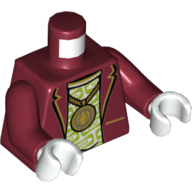 Visuel indicatif Rebrickable de Torse, veste, ouvert sur la vert citron à motifs maillot de corps et grand collier pendentif en or motif imprimé, bras rouge foncé, mains blanches (Torso, Jacket, Open over Lime Patterned Undershirt and Large Gold Pendant Necklace Print, Dark Red Arms, White Hands)