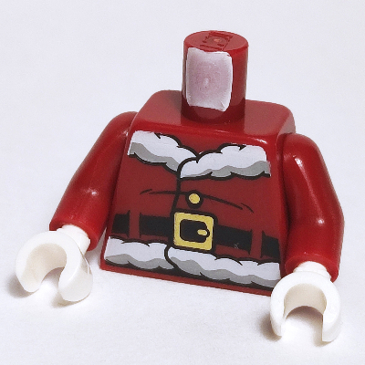 Visuel indicatif Rebrickable de Torse, veste de père Noël avec fourrure, ceinture noire, bouton et motif imprimé de canne à sucre, bras rouge foncé, mains blanches (Torso, Santa Jacket with Fur, Black Belt, Button and Candy Cane Print, Dark Red Arms, White Hands)