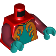 Visuel indicatif Rebrickable de Torse, veste de course, turquoise foncé, orange et jaune flammes motif imprimé, bras rouge foncé, mains turquoise foncé (Torso, Race Jacket, Dark Turquoise, Orange, and Yellow Flames Print, Dark Red Arms, Dark Turquoise Hands)