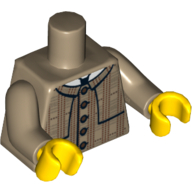 Visuel indicatif Rebrickable de Torse, manteau à carreaux avec détail de l'épaule en couches et motif imprimé de boutons rouges, bras beige foncé, mains jaunes (Torso, Plaid Coat with Layered Shoulder Detailing and Red Buttons Print, Dark Tan Arms, Yellow Hands)