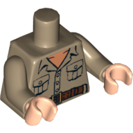 Visuel indicatif Rebrickable de Torse, col ouvert, 2 poches et ceinture motif imprimé (Rene Belloq), bras beige foncé, mains nougat clair (Torso, Open Collar, 2 Pockets and Belt Print (Rene Belloq), Dark Tan Arms, Light Nougat Hands)