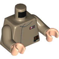 Visuel indicatif Rebrickable de Torse, veste uniforme avec badge rouge et blanc imprimé (officier de résistance), bras beige foncé, mains nougat clair (Torso, Uniform Jacket with Red and White Rank Badge Print (Resistance Officer), Dark Tan Arms, Light Nougat Hands)