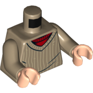Visuel indicatif Rebrickable de Torse, pull à rayures verticales blanches sur le motif imprimé rouge sous-chemise, bras beige foncé, mains nougat clair (Torso, Sweater with Vertical White Stripes over Red Undershirt Print, Dark Tan Arms, Light Nougat Hands)