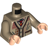 Visuel indicatif Rebrickable de Torse, Cardigan pull avec poche, boutons et patchs, et motif imprimé cravate rouge foncé, bras beige foncé, mains nougat clair (Torso, Sweater Cardigan with Pocket, Buttons, and Patches, and Dark Red Tie Print, Dark Tan Arms, Light Nougat Hands)