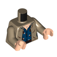 Visuel indicatif Rebrickable de Torse, veste, ceinture brun rougeâtre, chemise bleu foncé avec motif imprimé taches, bras beige foncé, mains nougat clair (Torso, Jacket, Reddish Brown Belt, Dark Blue Shirt with Stains Print, Dark Tan Arms, Light Nougat Hands)