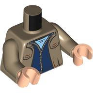 Visuel indicatif Rebrickable de Torse, veste, ouvert sur pull bleu foncé avec fermeture éclair, bleu clair clair motif imprimé sous-chemise, bras beige foncé, mains nougat clair (Torso, Jacket, Open over Dark Blue Sweater with Zipper, Bright Light Blue Undershirt Print, Dark Tan Arms, Light Nougat Hands)